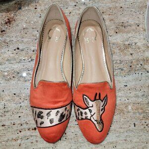 Giraffe Embroidered Orange Suede Flats Womens Size 10 Animal Print Slip-On Shoes